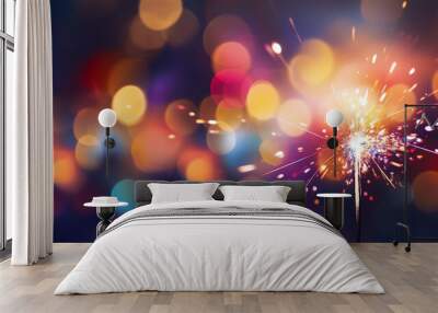 background with sparkler at new year`s eve party with bokeh of glowing colorful lights Wall mural